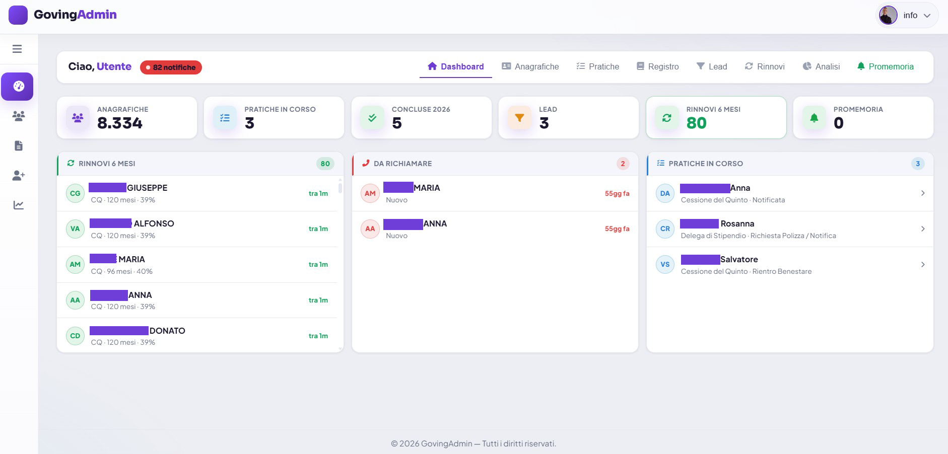 Goving &mdash; dashboard del CRM con anagrafiche, rinnovi e pratiche in corso