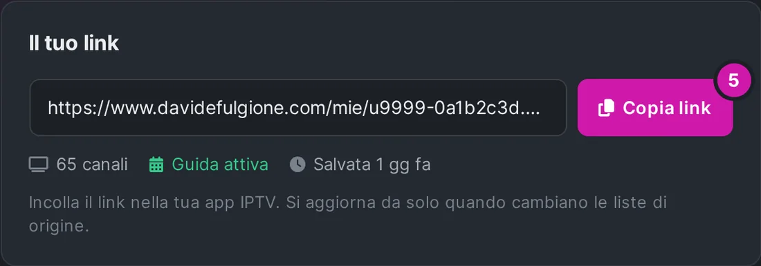 Il tuo link della lista con il pulsante Copia link